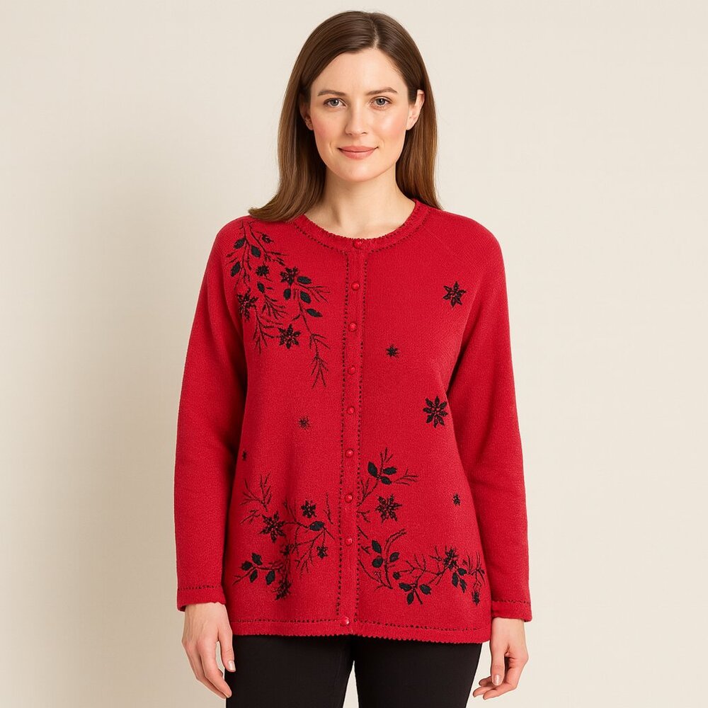 Stitches in Time RED WINTER CARDIGAN SWEATER EMBROIDERY & BEAD DETAILS 2X